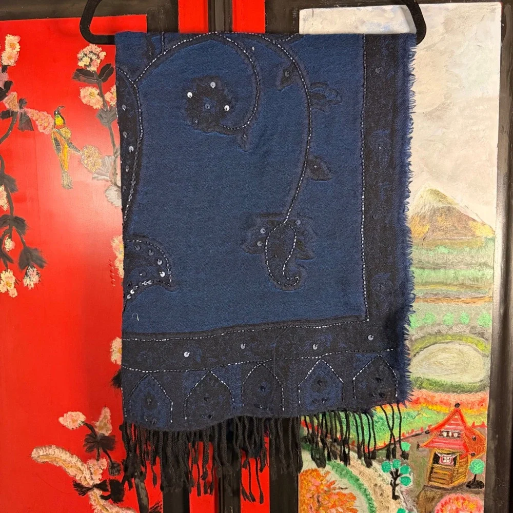 Whimsigoth Blue Black Beaded Sequin Floral Goth Fairy Fringe Scarf/Shawl